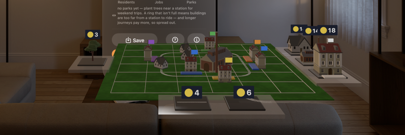 A sprawled layout: a station on nearly every straight, buildings scattered into the interior